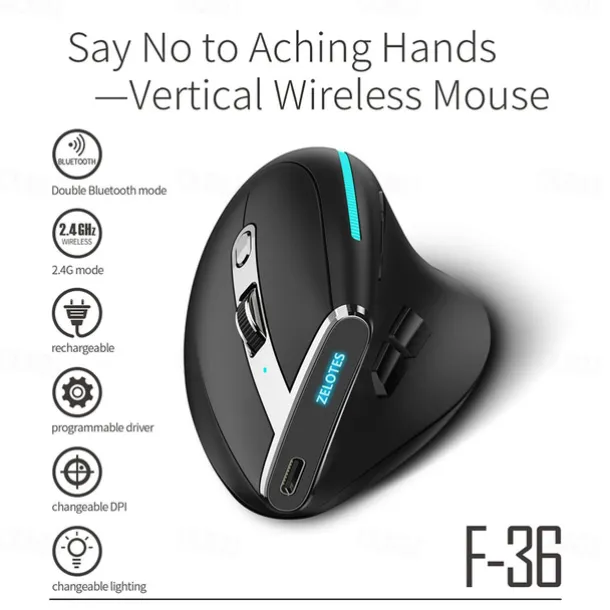 F-36 Ergonomic Vertical Mouse Right Left Hand 2.4G+BT1+BT2 Wireless Computer Gaming Mice Optical USB Mice for Computer Desktop