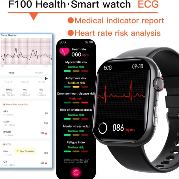 F100 Smart Watch Bluetooth Call 2.1inch Large Screen ECG HRV 24 Hrs Heart Rate Health Monitor SOS Men Women Smartwatch