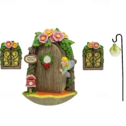 Fairy Door and Windows for Tree, 4 pcs, Glow in the Dark Fairy Garden Miniature Accessories for Tree Stump Decor, Resin Fairy House Kit with Fairy Lantern for Gnome, Outdoor Yard, Lawn, Garden Decor