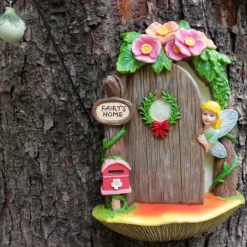 Fairy Door and Windows for Tree, 4 pcs, Glow in the Dark Fairy Garden Miniature Accessories for Tree Stump Decor, Resin Fairy House Kit with Fairy Lantern for Gnome, Outdoor Yard, Lawn, Garden Decor