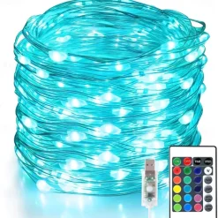 Fairy Lights 100 LED 33 FT Christmas Lights USB Plug 16 Colors Changing Silver Wire Firefly Lights with IR24 Key Remote Control for Indoor Party Halloween Christmas