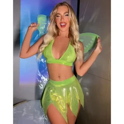 Fairytale Tinker Bell Halloween Cosplay Costume Wings Bra Glossy Sexy Costume Adults' Women's Carnival Masquerade Mardi Gras Performance Party Halloween Easy Halloween Costumes Dress Up