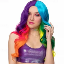 Fancy Dress Neon Rainbow Curls Wig for Women Carnival Costume Party Halloween Cosplay Hairstyle