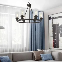 Farmhouse Chandelier 6 Light 25" Black Truck Wheel Pendant Light Round Kitchen Island Lamp for Dining Room Kitchen Bedroom Living Room Foyer Hallway 110-240V