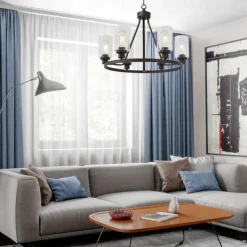 Farmhouse Chandelier 6 Light 25" Black Truck Wheel Pendant Light Round Kitchen Island Lamp for Dining Room Kitchen Bedroom Living Room Foyer Hallway 110-240V