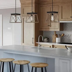 Farmhouse Pendant Light Fixtures Ceiling Hanging Pendant Lights for Kitchen Island, Dining Room Industrial Chandelier with Rustic Wooden Grain Finish