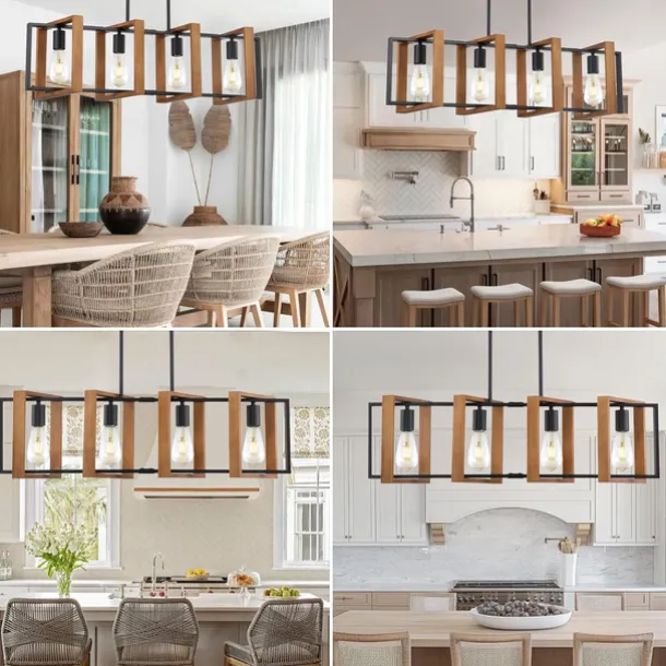 Farmhouse Small Pendant Light 1 Head 4 Head Fixture Kitchen Island Hanging Lamp with Cord Black Finish Wood Frame Chandelier for Hallway Entryway Closet Bedroom AC110V AC220V E27 Bulb