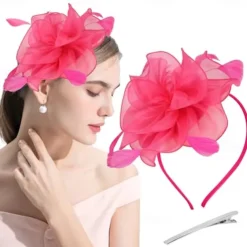 Fascinators Hat Flower Mesh Multi Color Feathers Ribbons on Headband and Clip Tea Party Headwear for Girls Women