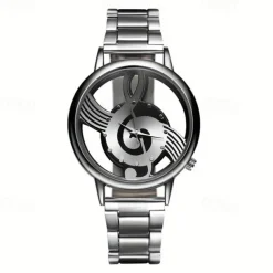 Fashion and Casual Music Note Notation Watch Stainless Steel Wristwatch for Men and Women Silver Watches