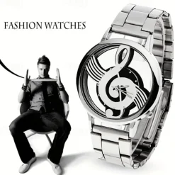 Fashion and Casual Music Note Notation Watch Stainless Steel Wristwatch for Men and Women Silver Watches
