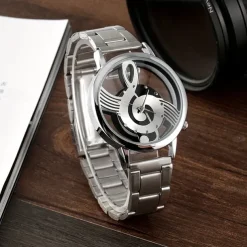 Fashion and Casual Music Note Notation Watch Stainless Steel Wristwatch for Men and Women Silver Watches