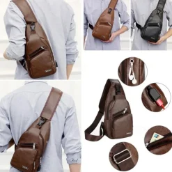 Fashion Men's Casual Crossbody Pouch PU Leather Shoulder Bag Leisure Chest Pack