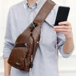 Fashion Men's Casual Crossbody Pouch PU Leather Shoulder Bag Leisure Chest Pack