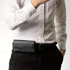 Fashion Men's Horizontal Leather Belt Case Holster Pouch Sleeve Phone Holder Bum Bag Male Casual Travel Outdoor Waist Pack Bag