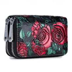 Fashion RFID Women Card Holder Split Leather Double Zipper Card Case Large Capacity 3D Flower Printed Lady Women Wallets Purse