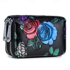 Fashion RFID Women Card Holder Split Leather Double Zipper Card Case Large Capacity 3D Flower Printed Lady Women Wallets Purse