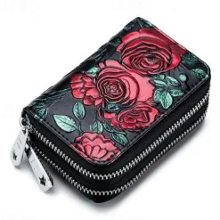 Fashion RFID Women Card Holder Split Leather Double Zipper Card Case Large Capacity 3D Flower Printed Lady Women Wallets Purse