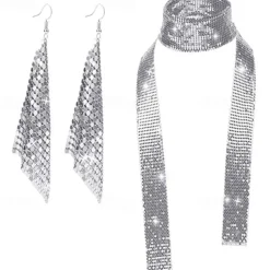 Fashionable Earrings Metal Sequins Tassel Earrings Creative New Square Long Necklace Set