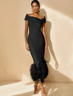 Feather Column Cocktail Dresses Elegant Dress Formal Wedding Ankle Length Short Sleeve Off Shoulder Stretch Crepe