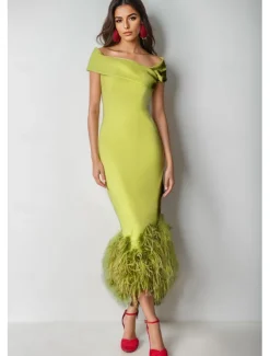 Feather Column Cocktail Dresses Elegant Dress Formal Wedding Ankle Length Short Sleeve Off Shoulder Stretch Crepe