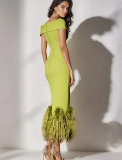 Feather Column Cocktail Dresses Elegant Dress Formal Wedding Ankle Length Short Sleeve Off Shoulder Stretch Crepe