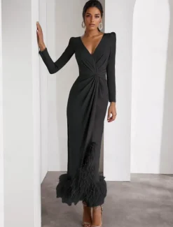 Feather Column Cocktail Formal Dresses Elegant Dress Wedding Guest Ankle Length Long Sleeve V Neck Stretch Crepe