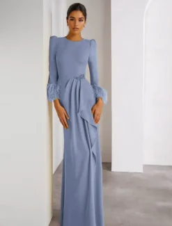 Feather Column Evening Gown Stretch Crepe Elegant Dress Formal Wedding Floor Length Long Sleeve Crew Neck Detachable