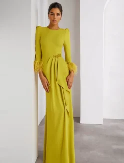 Feather Column Evening Gown Stretch Crepe Elegant Dress Formal Wedding Floor Length Long Sleeve Crew Neck Detachable