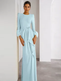 Feather Column Evening Gown Stretch Crepe Elegant Dress Formal Wedding Floor Length Long Sleeve Crew Neck Detachable
