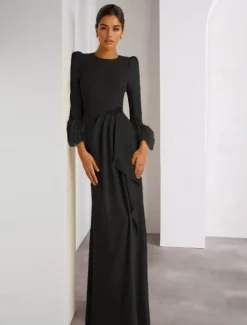 Feather Column Evening Gown Stretch Crepe Elegant Dress Formal Wedding Floor Length Long Sleeve Crew Neck Detachable