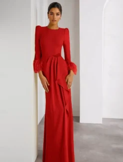 Feather Column Evening Gown Stretch Crepe Elegant Dress Formal Wedding Floor Length Long Sleeve Crew Neck Detachable