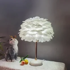 Feather Lamp Northern European Light Luxury Feather Table Lamp Marble American Creative Princess Bedroom Bedside Lamp