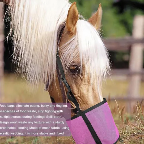 Feed Horses Bag for Grain Hay Bags Heavy Duty Mesh Horse Feeder with Adjustable Strap Comfort Neck Pad Nose Pad and Waterproof Bottom Muzzle