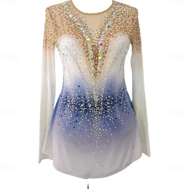 Figure Skating Dress Girls Women Elegant Gradient Quality Crystals Competition Gradient Long Sleeves
