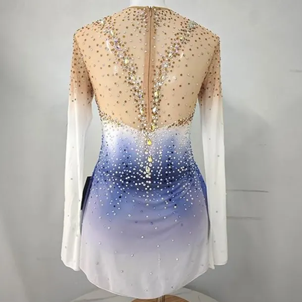 Figure Skating Dress Girls Women Elegant Gradient Quality Crystals Competition Gradient Long Sleeves