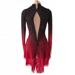 Figure Skating Dress Girls' Ice Skating Dress Black Red Halo Dyeing High Elasticity Professional Competition Skating Wear Thermal Warm Crystal / Rhinestone Long Sleeve Ice Skating Figure Skating