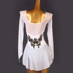 Figure Skating Dress Women's Girls' Ice Skating Dress White Patchwork Open Back Mesh High Elasticity Training Competition Skating Wear Classic Long Sleeve Ice Skating Figure Skating