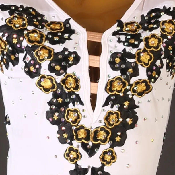 Figure Skating Dress Women's Girls' Ice Skating Dress White Patchwork Open Back Mesh High Elasticity Training Competition Skating Wear Classic Long Sleeve Ice Skating Figure Skating