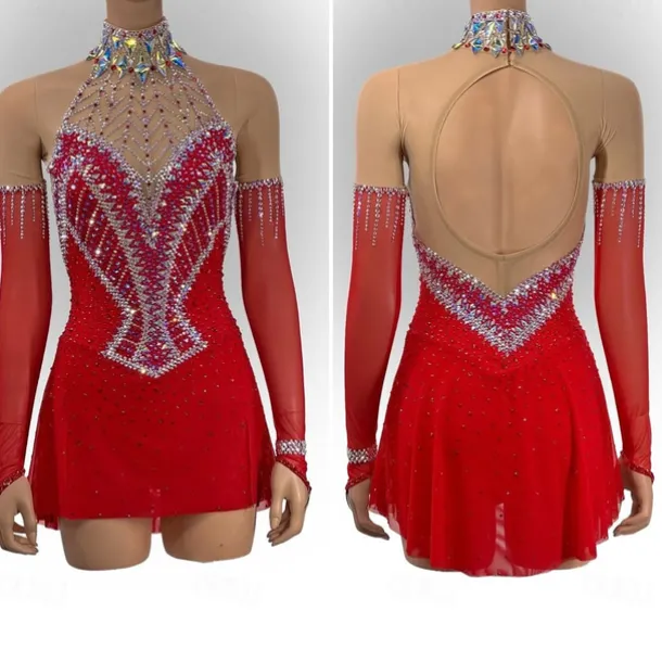 Figure Skating Dress Women's Girls' Ice Skating Dress Red Patchwork Open Back Mesh High Elasticity Training Competition Skating Wear Classic Crystal / Rhinestone Long Sleeve Ice Skating Figure Skating