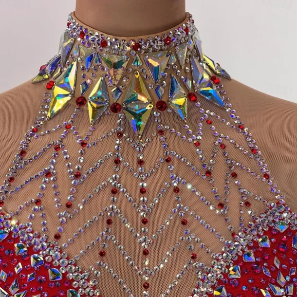 Figure Skating Dress Women's Girls' Ice Skating Dress Red Patchwork Open Back Mesh High Elasticity Training Competition Skating Wear Classic Crystal / Rhinestone Long Sleeve Ice Skating Figure Skating