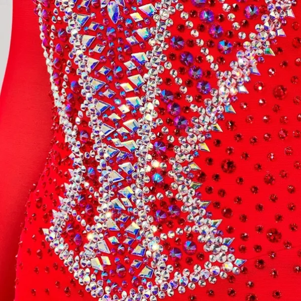 Figure Skating Dress Women's Girls' Ice Skating Dress Red Patchwork Open Back Mesh High Elasticity Training Competition Skating Wear Classic Crystal / Rhinestone Long Sleeve Ice Skating Figure Skating
