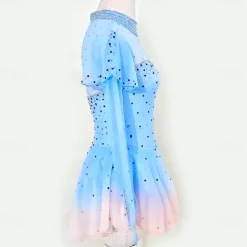 Figure Skating Dress Women's Girls' Ice Skating Dress Blue Patchwork Thumbhole Mesh High Elasticity Training Competition Skating Wear Classic Long Sleeve Ice Skating Figure Skating