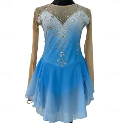 Figure Skating Dress Women's Girls' Ice Skating Dress Blue Patchwork Thumbhole Mesh Spandex Stretchy Training Practice Professional Skating Wear Crystal / Rhinestone Long Sleeve Figure Skating