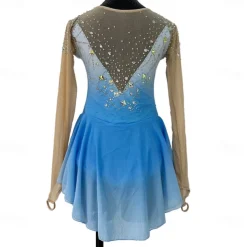 Figure Skating Dress Women's Girls' Ice Skating Dress Blue Patchwork Thumbhole Mesh Spandex Stretchy Training Practice Professional Skating Wear Crystal / Rhinestone Long Sleeve Figure Skating