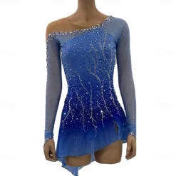 Figure Skating Dress Women's Girls' Ice Skating Dress Blue Patchwork Asymmetric Hem Mesh Spandex Stretchy Training Practice Professional Skating Wear Crystal / Rhinestone Long Sleeve Figure Skating