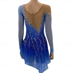 Figure Skating Dress Women's Girls' Ice Skating Dress Blue Patchwork Asymmetric Hem Mesh Spandex Stretchy Training Practice Professional Skating Wear Crystal / Rhinestone Long Sleeve Figure Skating