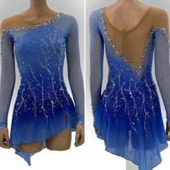 Figure Skating Dress Women's Girls' Ice Skating Dress Blue Patchwork Asymmetric Hem Mesh Spandex Stretchy Training Practice Professional Skating Wear Crystal / Rhinestone Long Sleeve Figure Skating