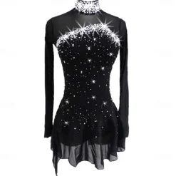Figure Skating Dress Women's Girls' Ice Skating Dress Black Stretchy Training Competition Skating Wear Thermal Warm Crystal / Rhinestone Long Sleeve Ice Skating Figure Skating