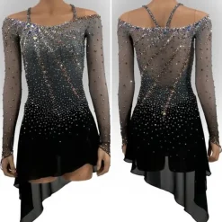 Figure Skating Dress Women's Girls' Ice Skating Dress Black Asymmetric Hem Mesh High Elasticity Training Competition Skating Wear Classic Crystal / Rhinestone Long Sleeve Ice Skating Figure Skating