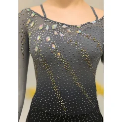 Figure Skating Dress Women's Girls' Ice Skating Dress Black Asymmetric Hem Mesh High Elasticity Training Competition Skating Wear Classic Crystal / Rhinestone Long Sleeve Ice Skating Figure Skating